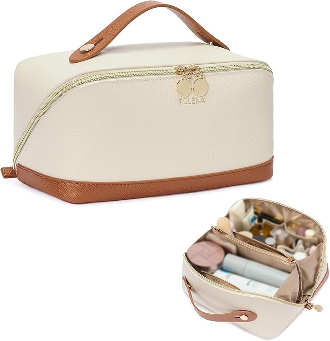 Telena Leather Make Up Bag Portable Travel Makeup Bag Waterproof Cosmetic Bags for Women Large Capacity With Handle and Divider Open Flat