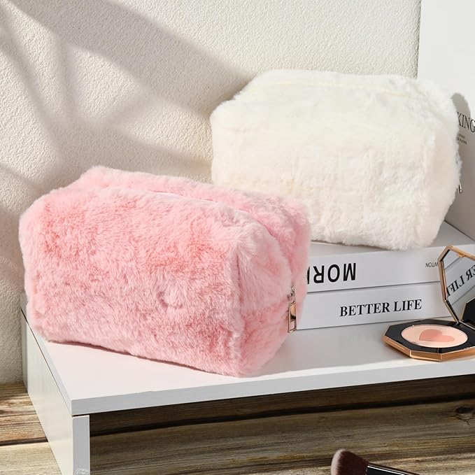 SOIDRAM 2 Pieces Makeup Bag Cute Cosmetic Bag Plush Pink White Makeup Pouch Coquette Travel Toiletry Bag Organizer Fluffy Makeup Brushes Puffy Storage Bag for Women