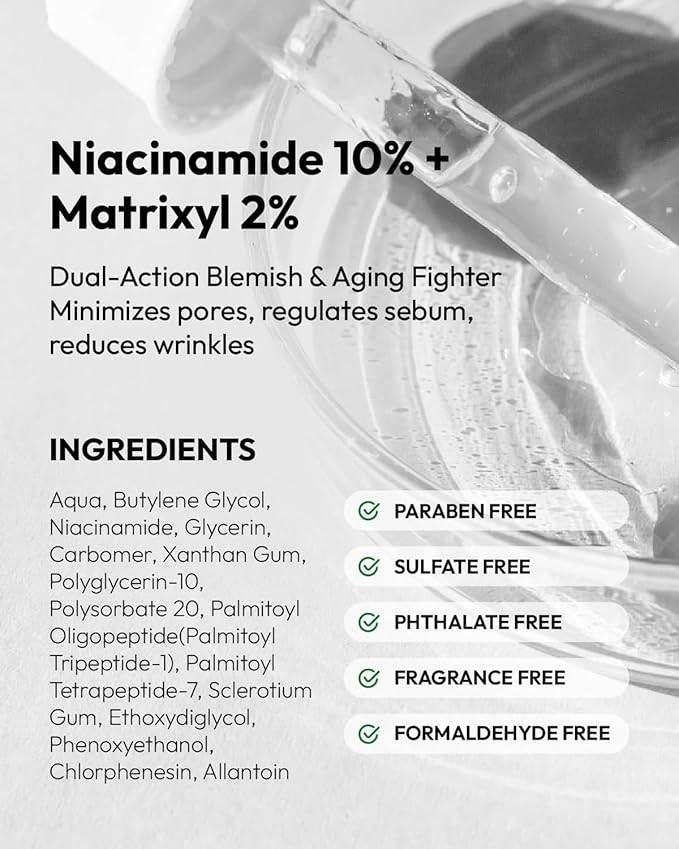 Niacinamide 10% + Matrixyl 3000 2% Serum - Strengthen & Repair Skin Barrier - For Sensitive & Oily Skin - 1 Fl Oz