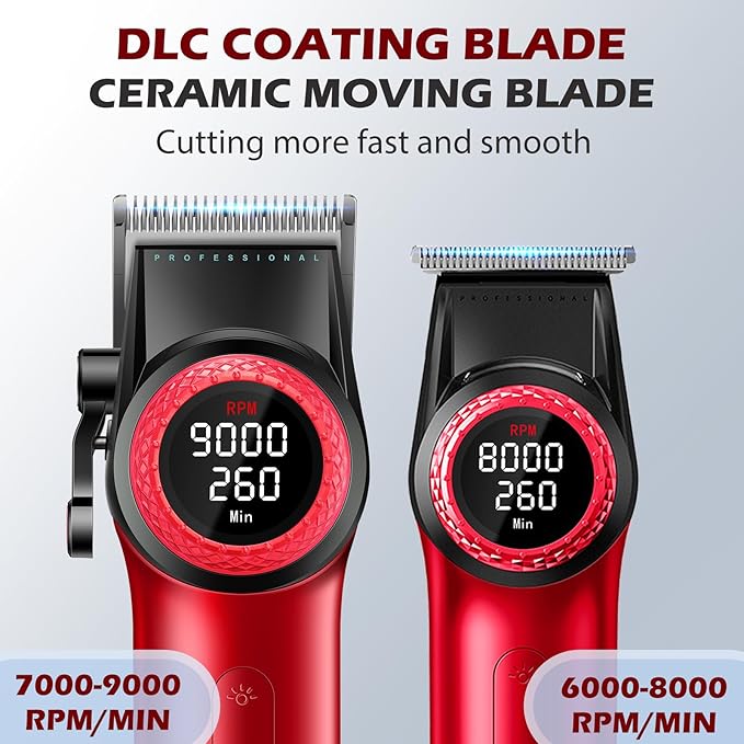 VGR 001 & 977 Professional Hair Clippers for Men, Cordless Barber Clippers and Zero Gap Trimmers Set, DLC Coating Blade Hair Cutting Kit with LED Display, USB Rechargeable Barber Set(Red)