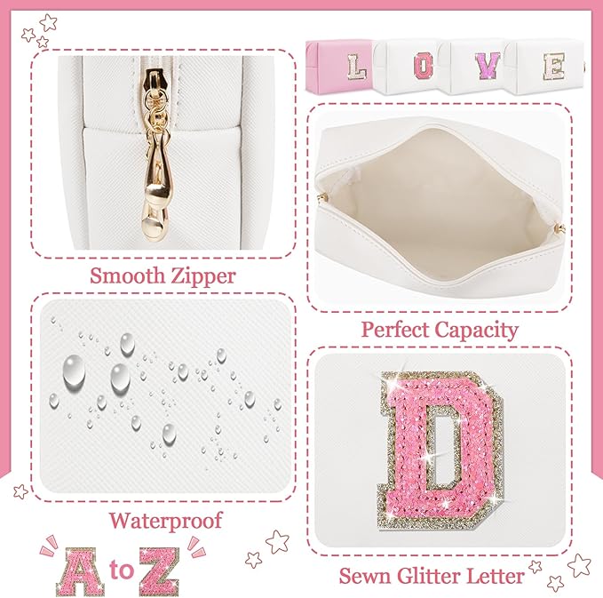 Personalized Initial Letter Makeup Bag, Preppy Glitter Letter Patch Cosmetic Pouch Zipper,PU Waterproof Travel Toiletry Bag Cute Makeup Organizer Monogrammed Make Up Bag,Gift for Women Girls