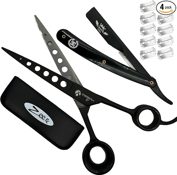 Professional Barber Shears Set 8 inch Hair Cutting Scissors and Thinning Shears for Salon and Home Use Serrated Edge German Steel Black Matte With Barber Shaving Razor Right Handed
