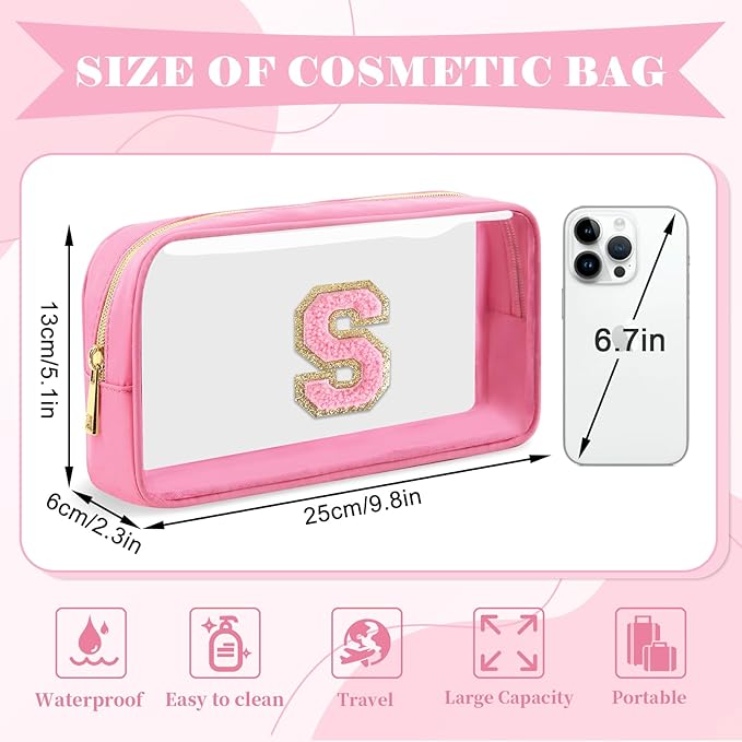 Personalized Initial Letter Clear Makeup Bag,Preppy Small Nylon&PVC Cosmetic Zipper Bag with Chenille Letter,Portable Beach Travel Skincare Toiletry Bag,Trendy Monogram Gift for Teen Girls Women,S