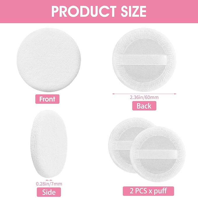 Sibba Powder Puff 2PCS Cotton Cosmetic Face Makeup Velour Powder Pads with Ribbon for Loose and Foundation Round White Dry Puff Suitable for Eyeshadow Blush Concealer and etc.