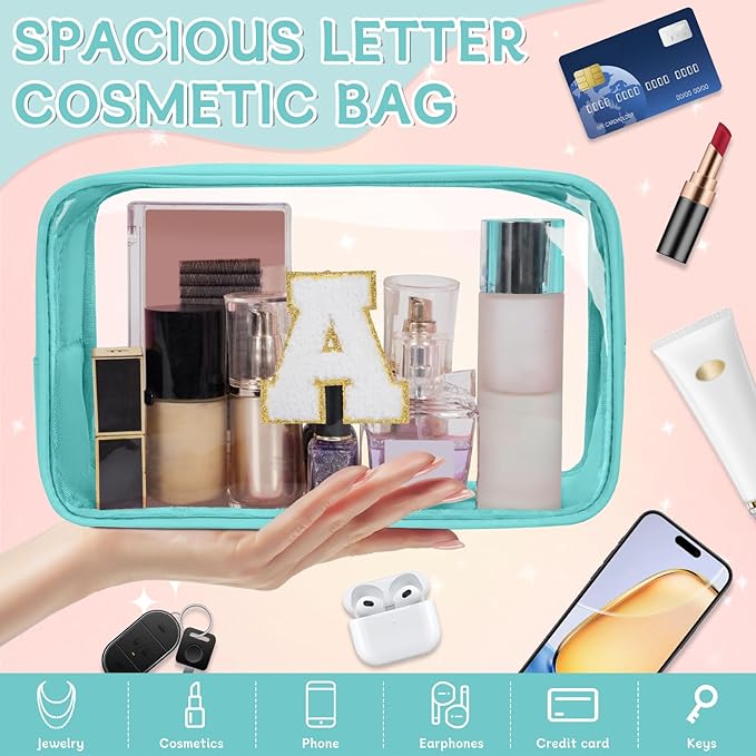 Personalized Initial Clear Makeup Bag, Travel Chenille Patch Cosmetic Bag, Preppy Toiletry Bag Monogram Cosmetic Pouch with Zipper, Ideal Gift for Teen Girls Women (Clear-Green, A)