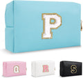Personalized Initial Preppy Makeup Bag Organizer, Small Blue Cosmetic Bag Monogram Travel Toiletry Zipper Pouch for Purse, Portable Waterproof PU Make Up Case Party Gift for Women Friends(Letter P)