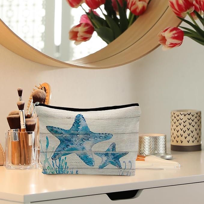 Ocean Starfish Beach Makeup Bag, Marine Life Sea Animals Cosmetic Bags for Women, Ocean Themed Gifts