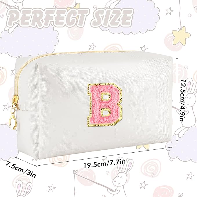 Initial Makeup Bag Personalized Preppy Travel Small Cosmetic Bag Cute PU White Chenille Letter Makeup Pouch for Purse Waterproof Zippered Toiletry Organizer for Women Girls Kids Friends (B)