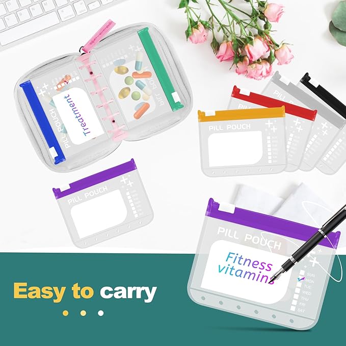 A7-L Timueetech Water-Proof Pill Pouch Set, BPA Free, A7-L Pill Loose-Leaf Storage with Color-Coded Medicine Pouches, Large Reusable Travel Medicine Organizer， Zippered Pill Organizers Weekly