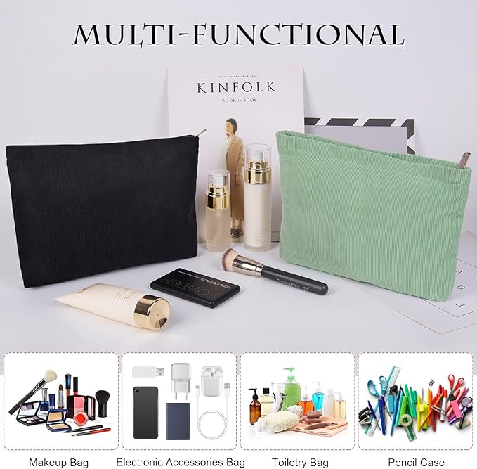 FITDON 2PCS Cosmetic Bags for Women Makeup Bag for Purse Small Corduroy Makeup Pouch Travel Make Up Bag with Zipper Toiletry Bag Organizer