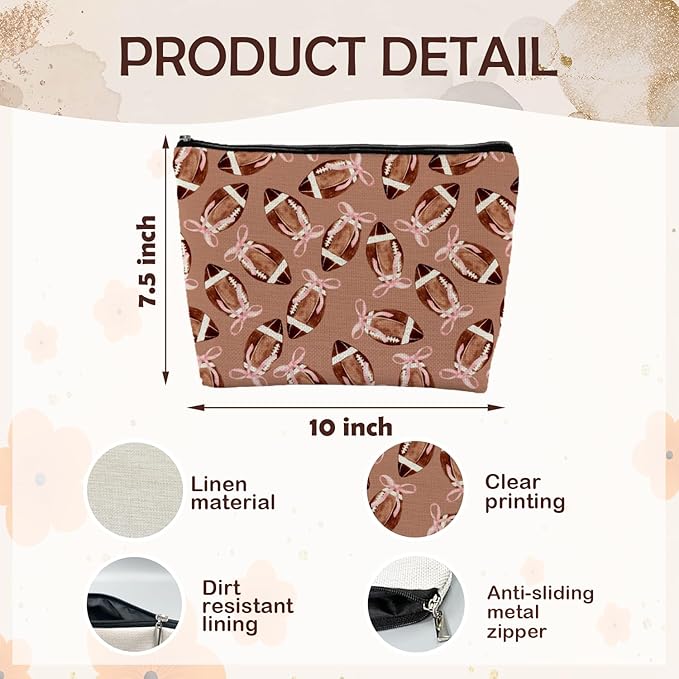 Coquette Pink Bow Football Makeup Bag, Football Lovers Gifts Cosmetic Bags for Women, Sports Player Fan Gifts Portable Travel Toiletry Bag Zipper Makeup Pouch