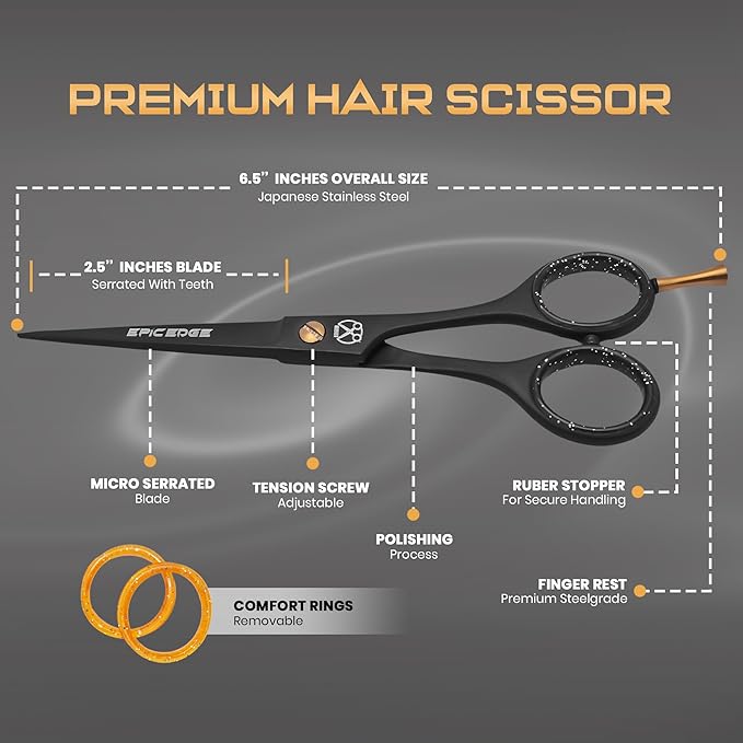Hair Cutting Scissors - 6.5” Professional Hair Scissors For Men and Women High Carbon Stainless Steel With Serrated Blade And Leather Bag - Barber Scissors - Salon Hair Shears, Haircut Scissors