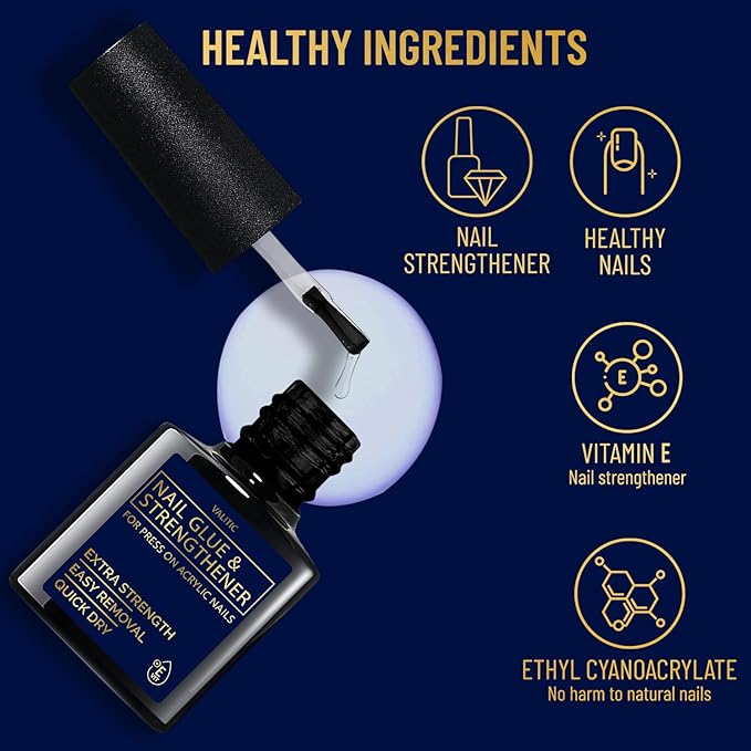 Valitic Strong Nail Glue and Strengthener for Acrylic and Press On Nails - Quick Dry Brush On Gel for Long Lasting Effect - Adhesive Nail Bond for False Nails with Tips Strengthener - 4 PACK