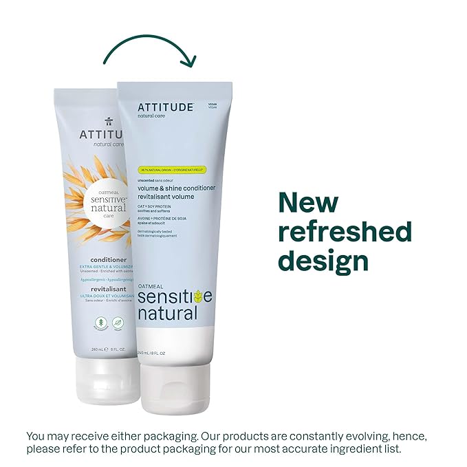 ATTITUDE Extra Gentle Hair Conditioner for Sensitive Dry Scalp, Soothing Oat, Naturally Derived Ingredients, Dermatologically Tested, Vegan Detangler, 8 Fl Oz