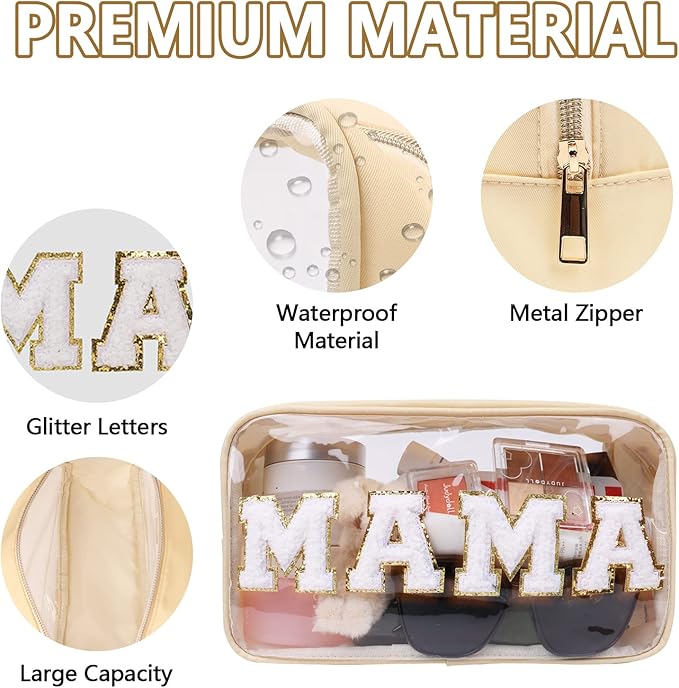 Iqimott Clear Patch Makeup Bag Mama Pouch, Preppy Personalized Chenille Letter Cosmetic Pouch for Travel, Nylon Waterproof Travel Essentials Zipper Toiletry Bags for Women Girls(MAMA, Beige)