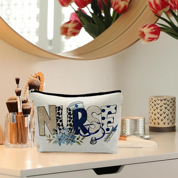 Trendy Floral Nurse Makeup Bag, Nurses Week Gifts Cosmetic Bags for Women, Nurse Appreciation Gifts Makeup Pouch, Nursing Zipper Pouch