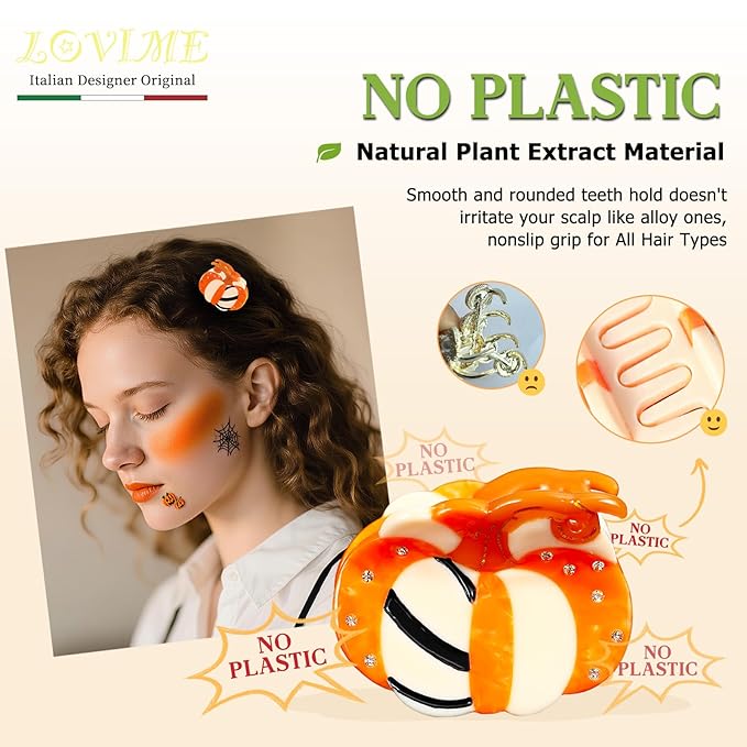 Original Italian Designed Mini Halloween Hair Claw Clips for Women - Orange Pumpkin, Handmade Vintage Cute Fall Halloween Hair Accessories, Plant-Based Acetate, Gift Boxed