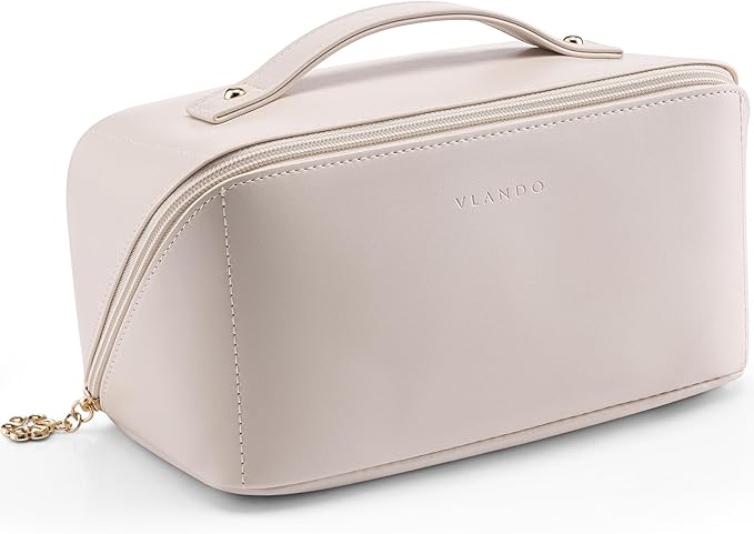 Vlando Travel Makeup Bag,Gifts for Women Large Capacity Toiletry Bag for Women Wide Open Cosmetic Organizer with Divider and Handle(White)