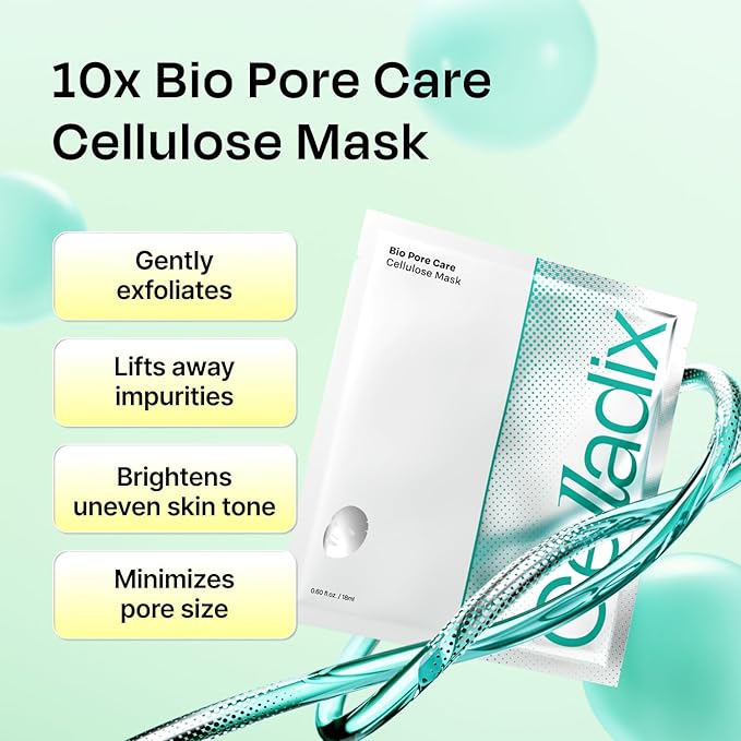 Celladix Bio Pore Care Cellulose Mask – Pore Minimizing & Sebum Control Sheet Mask – Removes Blackheads, Dead Skin Cells & Impurities – Hydrating & Radiance Boost Korean Face Mask, 5 Sheets