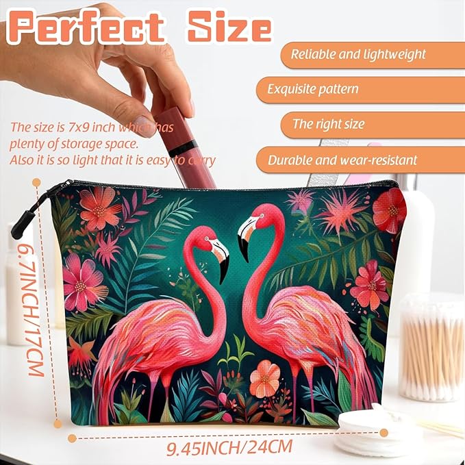 Cosmetic Bags Travel Makeup Toilet Case Waterproof Pouch for Women Girls 6.7X9.45inches - Two Flamingos in A Tropical Floral Setting