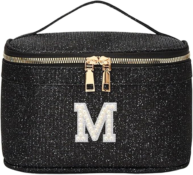 EURYNOME Makeup Bag with Custom Letter M, Water-Resistant Travel Organizer Pouch, (8.3x5.1x5.1 Inch) Cosmetic Case for Women