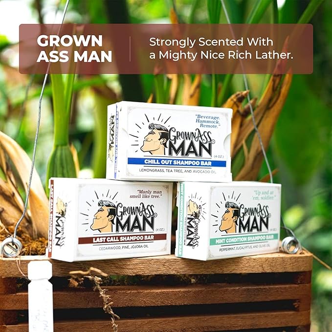Grown Ass Man Co. - Solid Shampoo Bar Rich Lather 3 in 1: Hair, Beard & Body Wash - Plastic Free & Eco-Friendly, Natural & Organic Clean for All Hair Types, 4oz Bar (Last Call, Single)