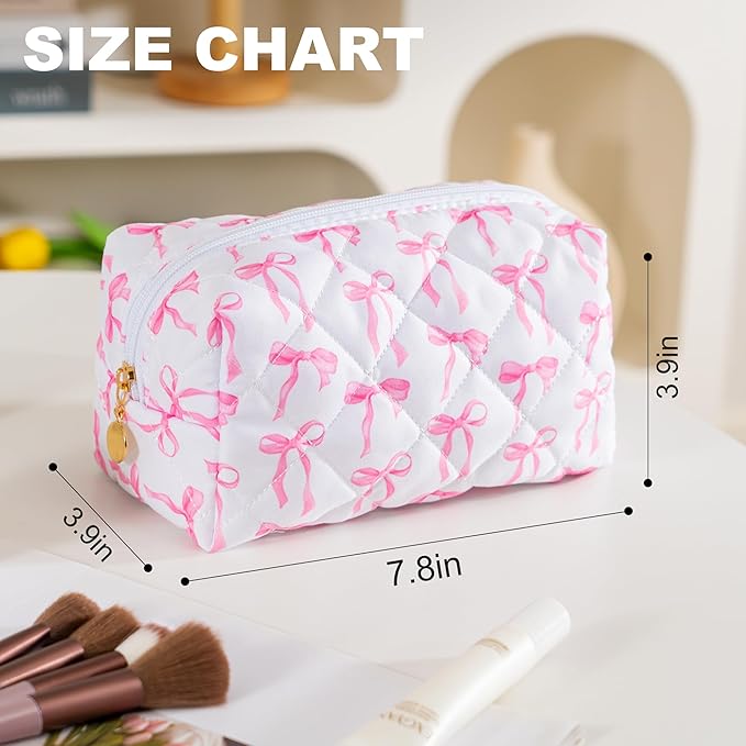 Makeup Bag Travel Toiletry Bag for Women, Small Cosmetic Bags Cute Quilted Cotton Makeup Pouch for Purse Emergency Bag for School Floral Pencil Case Accessory Bag, Ribbon Bow