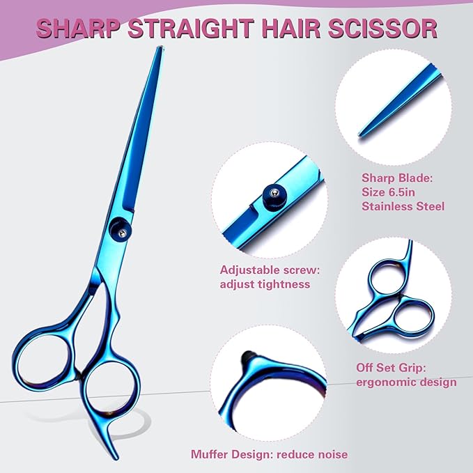 Hair Cutting Scissors Kit 11PCS, Professional Haircut Scissors with Japanese Stainless Steel Shears, Thinning Shears, Haircut Accessories in Leather Case for Salon/Home (Blue)
