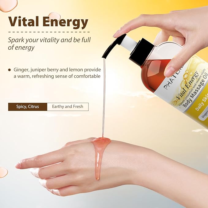 PHATOIL Ginger Oil Ginger Body Massage Oil for Gua Sha, with Lemon,Juniper Berry, 260ML Large Bottle Warming Body Oil for Spa, Lymphatic Drainage, Muscle(8.8oz)