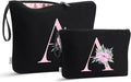 Vavabox A-Z Personalized Makeup Bag, Birthday Gifts for Women Mom, Gifts for Best Friend, Bride Bridesmaid Cosmetic bag (A, 04-Black Set)