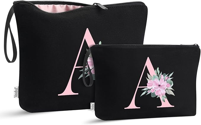 Vavabox A-Z Personalized Makeup Bag, Birthday Gifts for Women Mom, Gifts for Best Friend, Bride Bridesmaid Cosmetic bag (A, 04-Black Set)