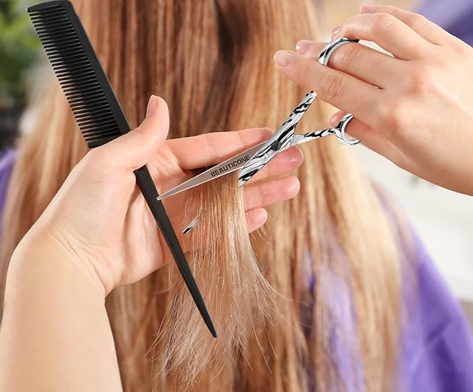 BEAUTICONE ® Hair Cutting Scissors - High Carbon SS 6.5" Professional Barber-Grade Salon Shears with Serrated & Razor Edge - Black Premium Gift Box with Leather Pouch & Extra Accs - Ultra Lightweight
