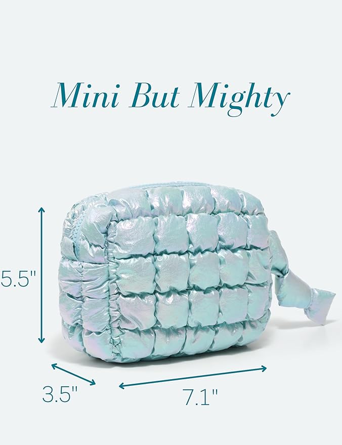 Yarnic Quilted Makeup Bag Puffy Cosmetic Bag, Quilt Travel Toiletry Bag Puffer for Women, Cute Makeup Bag Organizer Soft Cosmetic Pouch (Iridescent Blue, S)