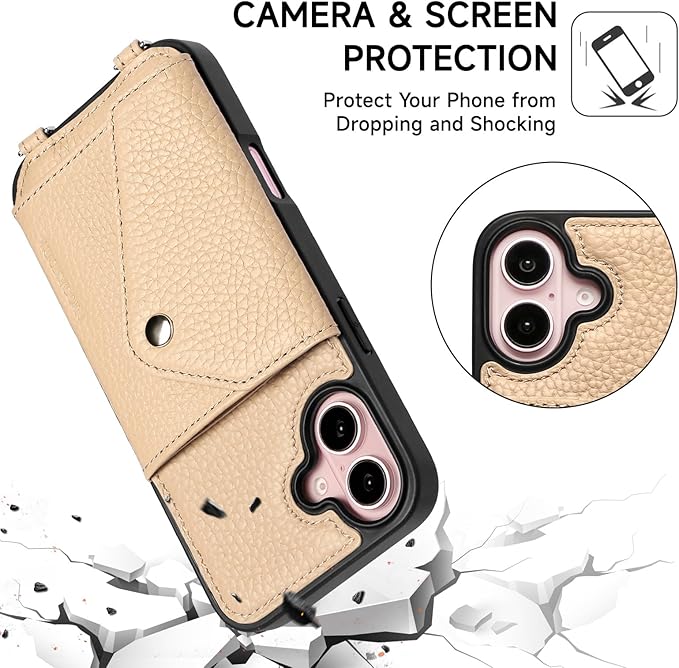 LUCKYCOIN Crossbody Wallet Phone Case for iPhone 16 Plus,100% Genuine Leather Wallet Phone Case with Expandable Flip Card Holder,Phone Purse for Women with Adjustable Removable Strap - Pebble Beige