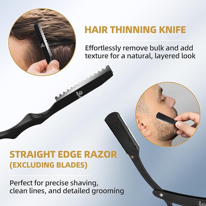Hair Cutting Scissors Kit with Razor, Leather Case, Barber Hair Cutting Shears Thinning Blender Scissors for Professional Hairdresser or Home Use (Black)