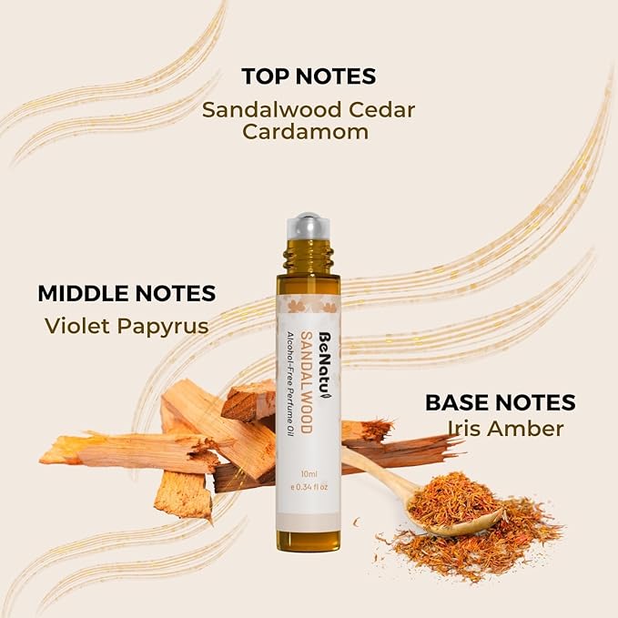 Sandalwood Perfume Oil Roll On for Women and Men, Alcohol Free Eau de Parfum,Travel Size Essential Oil Body Fragrance, Long Lasting, Leather Woody Scent, 10 ml