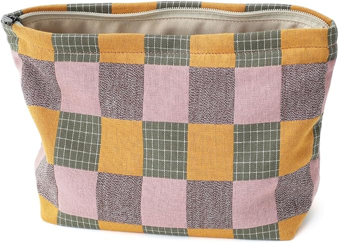 Plaid Cloth Makeup Bag - Large Capacity Travel Cosmetic Pouch & Toiletry Organizer with Zipper, Stylish Make Up Organizer for Daily Use,Gift for Women