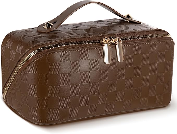 Abiudeng Travel Makeup Bag,Large Capacity Toiletry Bag Cosmetic Bags for Travel Essentials,Waterproof Portable Pouch Open Flat Makeup bag Organizer with Divider and Handle(Checkered-Brown)