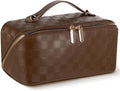 Abiudeng Travel Makeup Bag,Large Capacity Toiletry Bag Cosmetic Bags for Travel Essentials,Waterproof Portable Pouch Open Flat Makeup bag Organizer with Divider and Handle(Checkered-Brown)