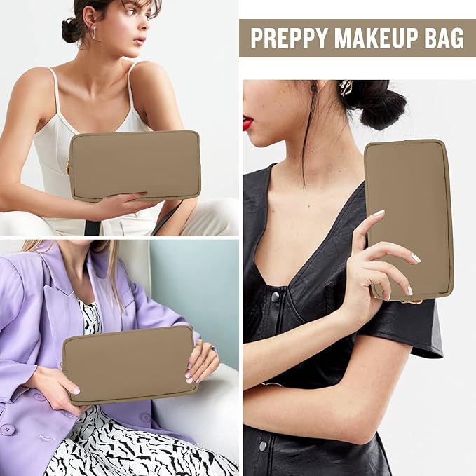 Nylon Small Makeup Bag for Purse, Preppy Cute Makeup Bag Cosmetic Zipper Pouch Purse, Waterproof Portable Travel Toiletry Bag Clutch Make Up Brush Bag Organizer Storage for Women Men Girls(Khaki)