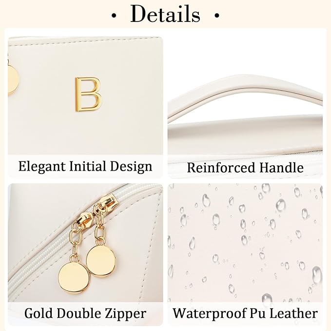 Birthday Gifts for Women Teen Girl, Personalized Initial Makeup Organizer Bag Set, Open Flat Travel Cosmetic Bag With Clear Divider and Handle(Beige,B)