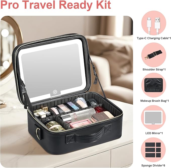 Makeup Case with LED Light Mirror, Professional Portable Travel Cosmetic Organizer Bah with Adjustable Dividers, USB Charging, Large Capacity, Ideal for Travel, Gift for Women Girls, Black