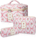 Personalized Initial Makeup Bag Set, Quilted Makeup Bag, Large Floral Cosmetic Bag for Women, Cute Cotton Custom Make up Bags, Flower Travel Toiletry Bag Teen Girl Gift Trendy Stuff Gift B