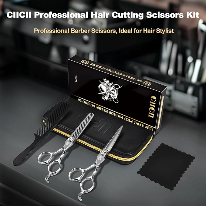 CIICII Professional Hair Cutting Scissors Shears Kit, 440C 7 Inch Barber Haircut Scissors Set (Hair Beard Trimming Haircutting Thinning Shears) for Hairdressing Stylist Hairdresser Salon Home