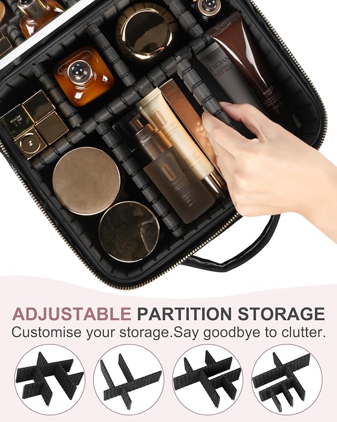 Makeup Bag with LED Lighted Mirror| Portable Makeup Organizer Train Case with 2X/3X Magnification & 3 Color Lights for Precision, Adjustable Brightness| Elegant Gift Packaging, Gift for Women, Black