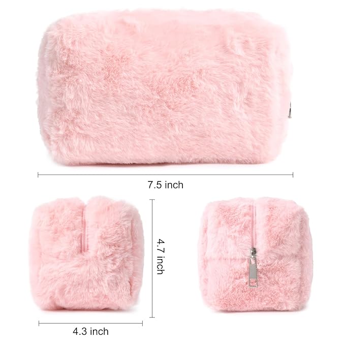 SOIDRAM 2 Pieces Makeup Bag Cute Cosmetic Bag Plush Pink White Makeup Pouch Coquette Travel Toiletry Bag Organizer Fluffy Makeup Brushes Puffy Storage Bag for Women