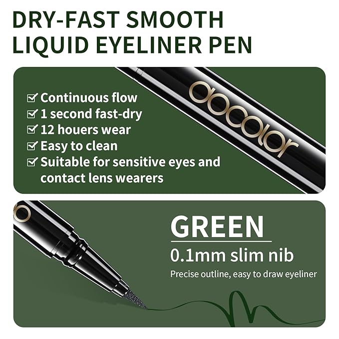 docolor Eyeliner, 2PCS Green Liquid Eyeliner Waterproof Eye Liner Pen Super Slim Precise All Day Green Eye Pencils Professional Makeup Liquid Eye Liner Pencil for Women