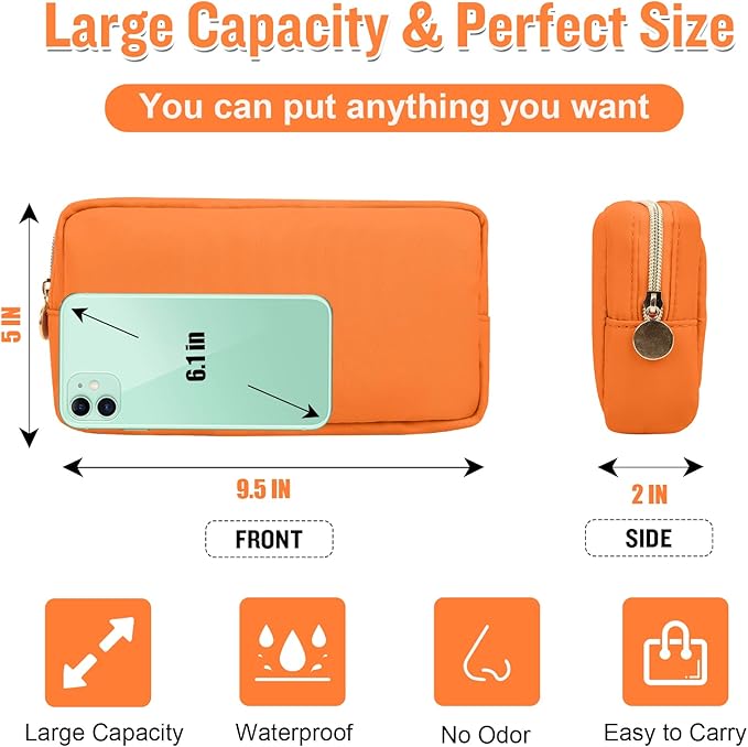 Nylon Small Makeup Bag for Purse, Cute Preppy Makeup Bag Cosmetic Zipper Pouch Purse, Waterproof Portable Travel Toiletry Bag Clutch Makeup Brush Bag Organizer Storage for Women Men Girls(Orange)