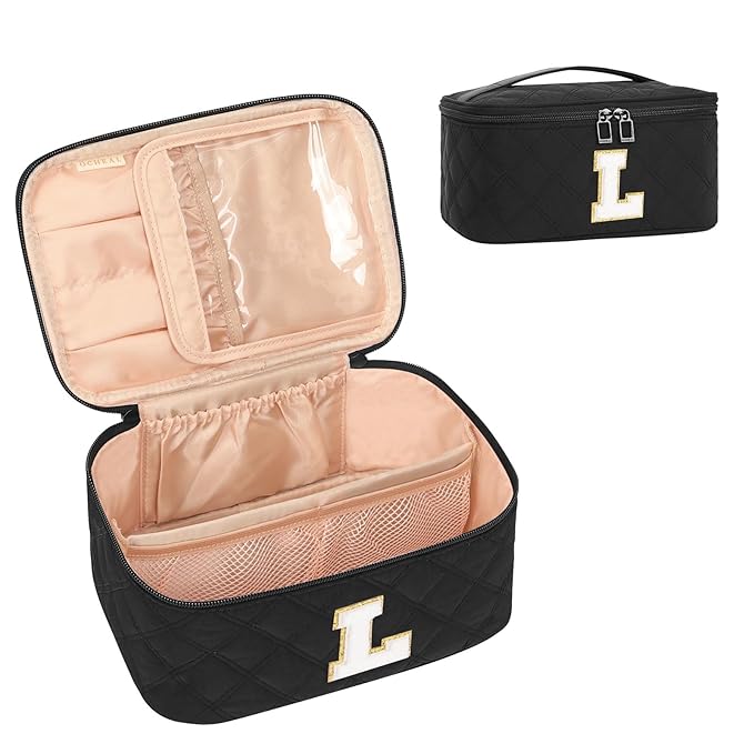 OCHEAL Makeup Bag for Women, Monogram Cosmetic Bag with Brush Holder,Black Travel Makeup Case Beauty Toiletry Bag Organizer Personalized Gifts for Girls Bridesmaid, Sister, Wife, Friends Initial L