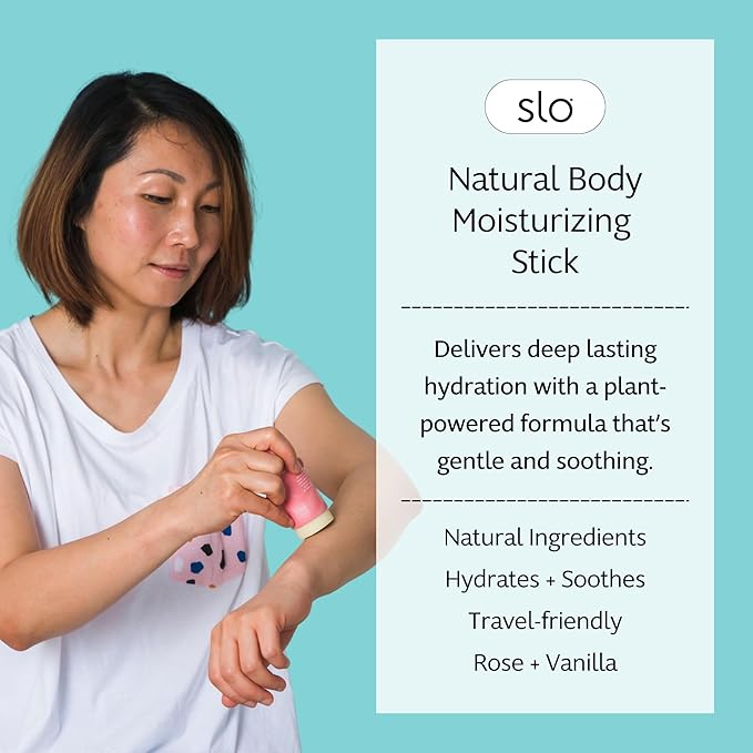 Slo Natural Moisturizing Stick | Body Balm for Dry Skin with Organic Ingredients | Hydrating + Nourishing | Coconut, Cocoa Butter & Antioxidants | Travel-Friendly | Rose + Vanilla | 2.11oz/60g